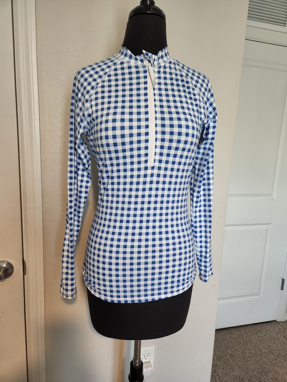 J. McLaughlin Blue and White Gingham Half-Zip Long Sleeve Top